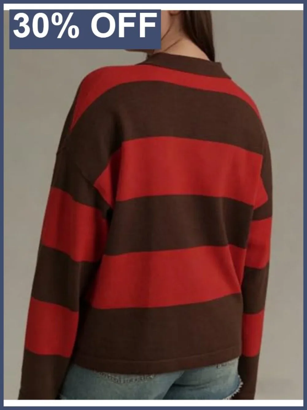 Rugby Polo Sweater Women Button Front V-Neck Striped Pullover